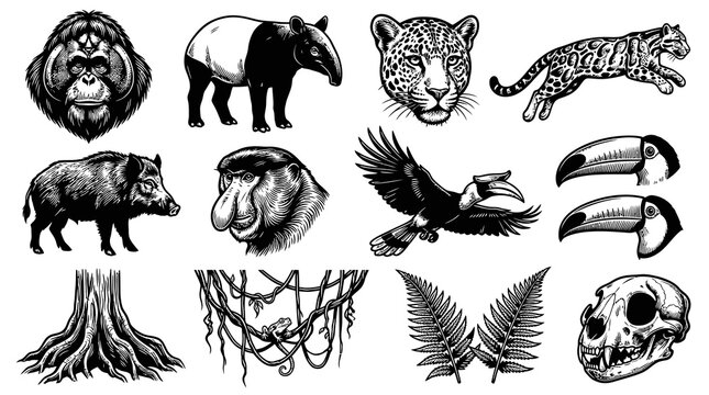 Vintage Black and White Jungle Animals and Elements Vector Art