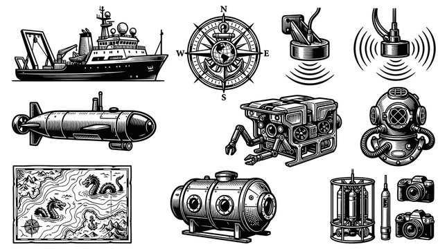 Deep Sea Exploration Vector Set: Marine Research Vessel, Submarine, Diving Helmet, Sonar, ROV, and Nautical Engravings.