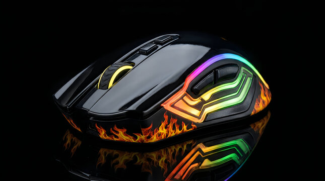 Wireless gaming mouse with artistic flame pattern design and colorful rainbow led lighting on background.