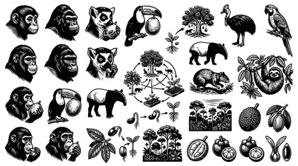 Fototapeta premium Nature Wildlife Ecology Engraving Set: Tropical Animals, Fruits, Plant Life Cycle Vintage Black White Line Art