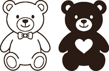 Fototapeta premium Teddy Bear Vector Icons: Outline and Silhouette with Heart