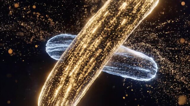 Abstract 3 d digital art of interlocking rings with flowing light particles and motion trails