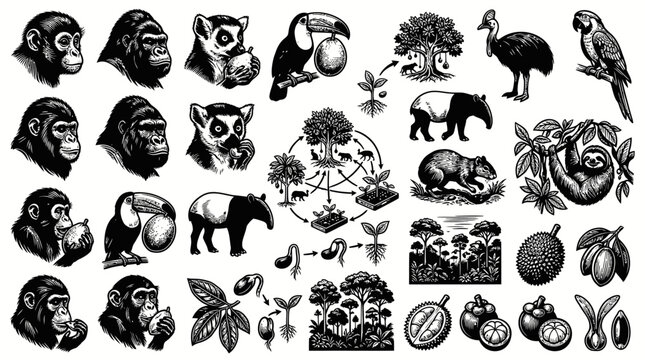Nature  Wildlife Ecology Engraving Set: Tropical Animals, Fruits, Plant Life Cycle Vintage Black  White Line Art