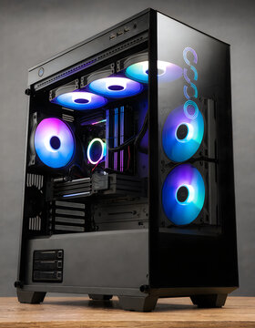 Modern computer gaming pc desktop case featuring neon rgb lights and clear tempered glass side panel.