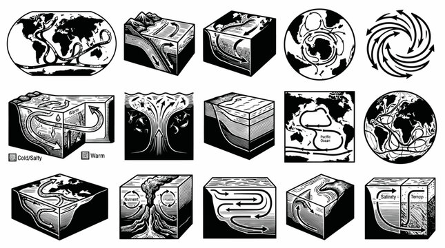 Earth Science, Oceanography, Geology Diagrams: Global Currents, Convection, Upwelling Black  White Line Art