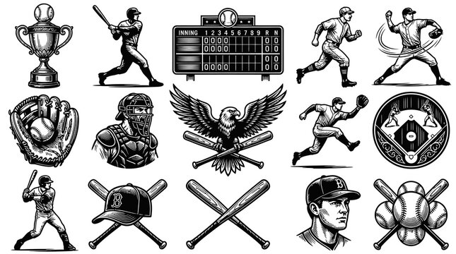 Black and White Line Art Baseball Icons: Trophy, Players, Scoreboard, Glove, Eagle