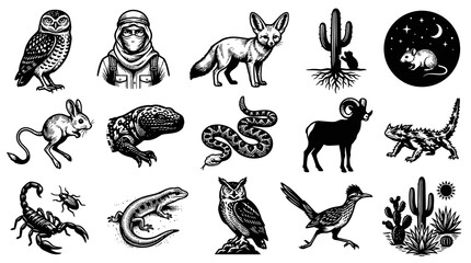 Fototapeta premium Engraved Black and White Desert Wildlife Set: Animals, Cactus, Fox, Owl, Scorpion, Roadrunner