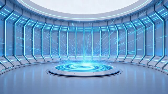 Circular room with blue neon walls and central vortex energy platform