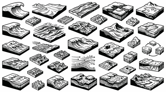 Black  White Line Art of Geological Landforms, Erosion, Waves, Mountains