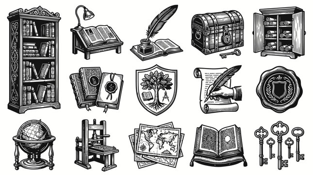 Vintage Education and History Icons: Books, Quill, Globe, Chest, Keys
