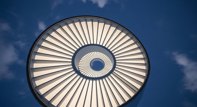 Close up view of a modern ceiling fan with LED light.