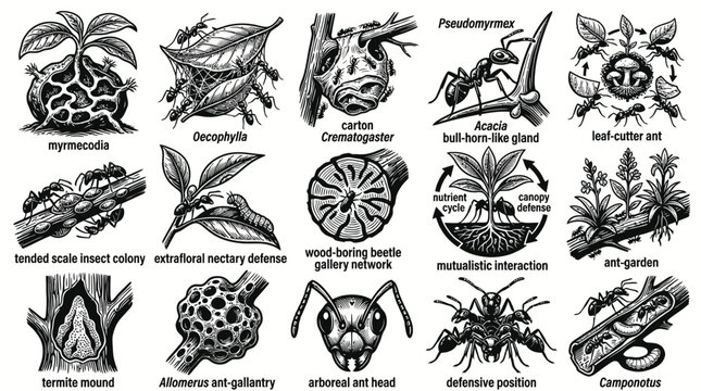 Black and White Line Art Ant Colony Life Cycle and Interactions