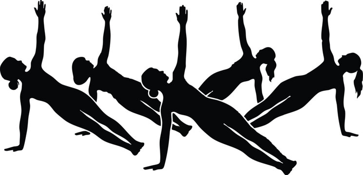 Gymnasts execute a side plank exercise in a staggered formation to demonstrate core stability and physical power in a graphic style.