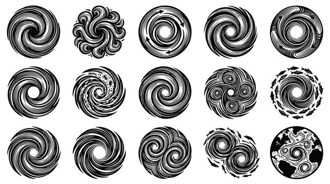 Black  White Line Art Swirls, Spirals, Vortexes, Abstract Motion and Nature Flow Design Elements Set.