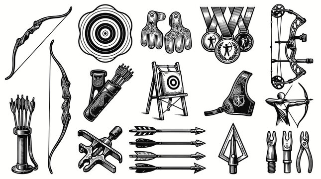 Archery Equipment and Supplies Vector Icons - Black and White Line Art
