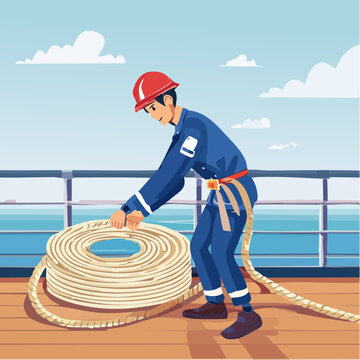 ロープを巻く甲板員のイラスト