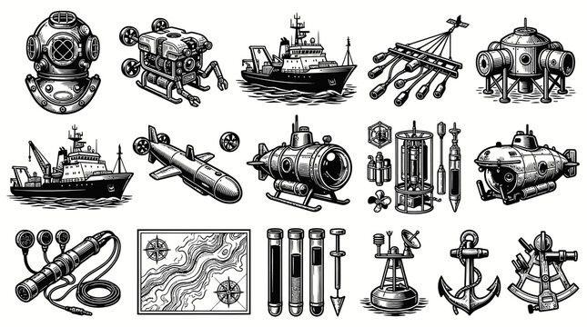 Deep Sea Oceanography Exploration Equipment Set. Black and White Hand Drawn Vintage Line Art Illustrations.