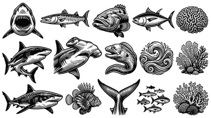 Obraz premium Black White Engraving Marine Life Vector Set: Sharks, Fish, Coral, Waves Ocean Wildlife Illustrations