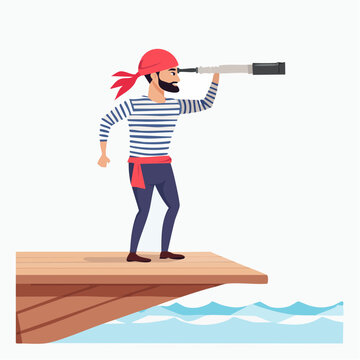 望遠鏡を覗く海賊の乗組員のイラスト