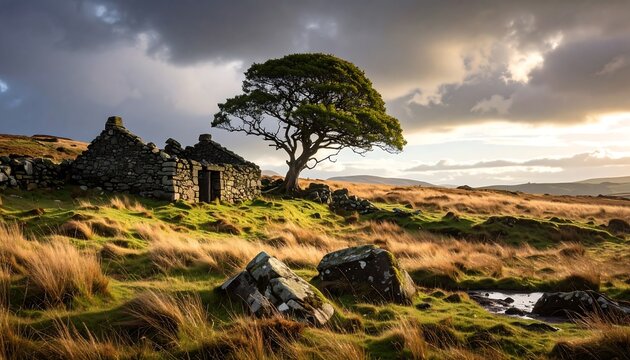 A weathered stone cottage and windswept tree stand on a grassy hillside beneath a dramatic, sunlit sky
