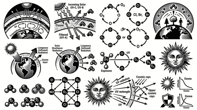 Environmental Science Ozone Layer Depletion Chemistry Diagrams Set - Black and White Line Art