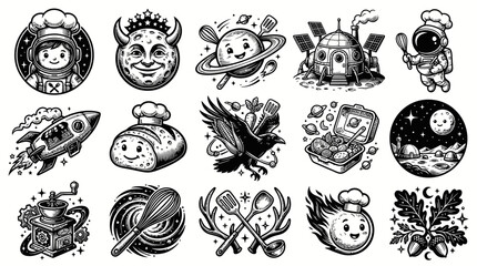 Obraz premium Whimsical Black and White Food Space Adventure Icons
