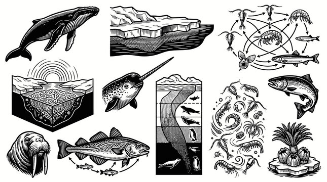 Arctic Ecosystem Food Web and Marine Life Illustrations in Black and White Line Art