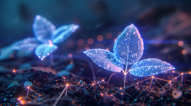 Glowing blue fantasy plants growing in dark soil with sparkling particles. Magical bioluminescent nature scene, futuristic botanical concept and mystical forest atmosphere. 4K Wallpaper