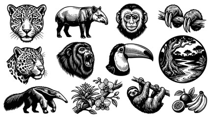 Fototapeta premium Tropical Rainforest Wildlife Engraving Set - Amazon Jungle Animals, Birds Flora Black and White Line Art