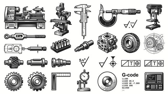 Black and White Vector Icons of Machining Tools and Technical Symbols