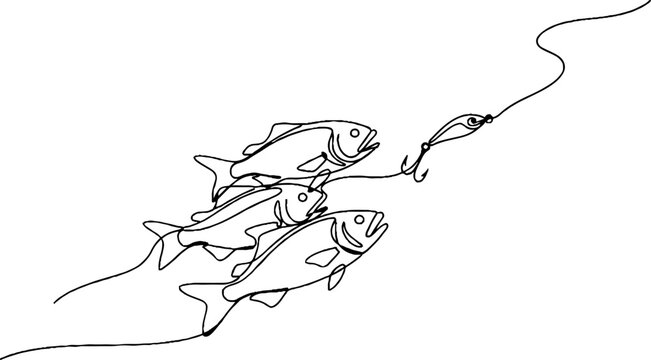 Illustration of several fish hooked on fishing line.