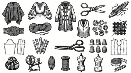 Obraz premium Black and White Line Art of Sewing and Tailoring Tools and Clothing Accessories