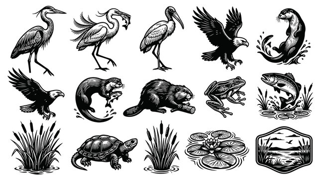 Black and White Line Art Wildlife Animals Collection with Heron, Eagle, Otter, Beaver, Frog, Fish