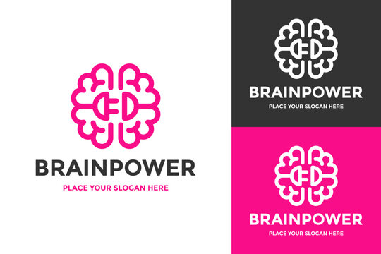 Brain power logo design concept. Human brain combined with an electric plug vector illustration. Great for smart technology, creative ideas, science, or learning businesses.