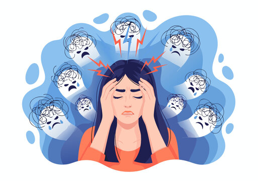 Overwhelmed woman surrounded by multiple angry faces 222.eps