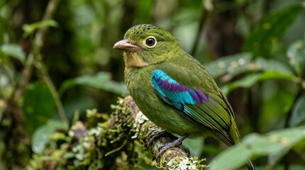 Obraz premium Vibrant tropical bird with iridescent wings perched on a mossy branch in lush rainforest