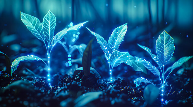 Glowing blue fantasy plants growing in dark soil with sparkling particles. Magical bioluminescent nature scene, futuristic botanical concept and mystical forest atmosphere. 4K Wallpaper