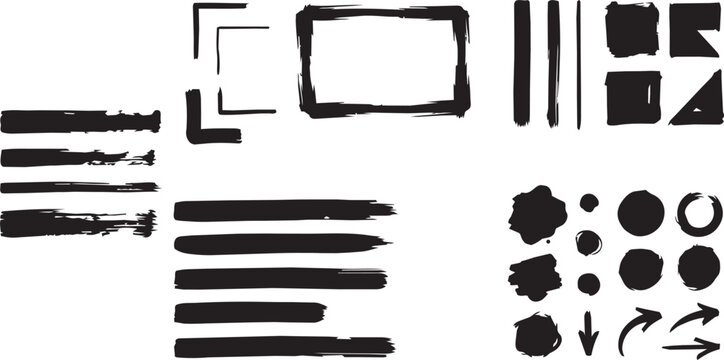 Assorted black paint brush strokes rectangles circular stains and basic shapes on white background