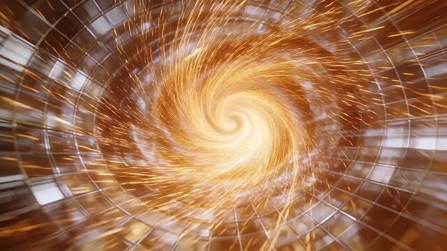 Golden spiral light vortex converging to center with grid structure in dark space