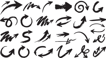 Fototapeta premium Hand drawn black paint brush stroke arrow signs and sketchy pointers pack on a white background