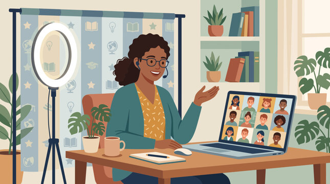 Teacher conducting virtual class from home studio illustration