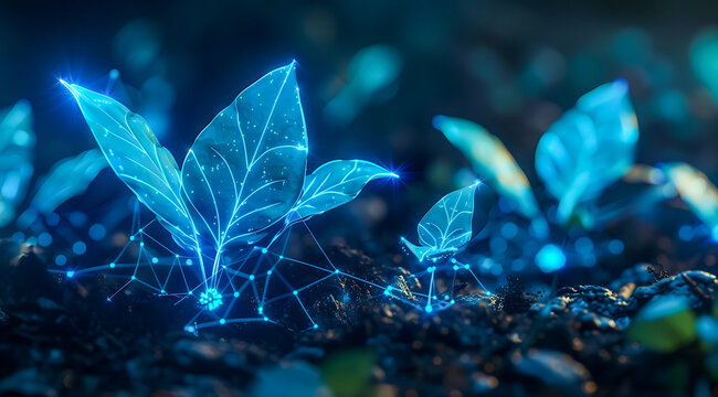 Glowing blue fantasy plants growing in dark soil with sparkling particles. Magical bioluminescent nature scene, futuristic botanical concept and mystical forest atmosphere. 4K Wallpaper