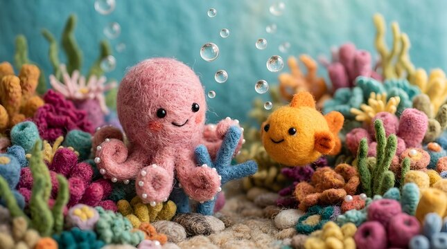 Felted wool octopus and fish toys in a colorful underwater coral scene