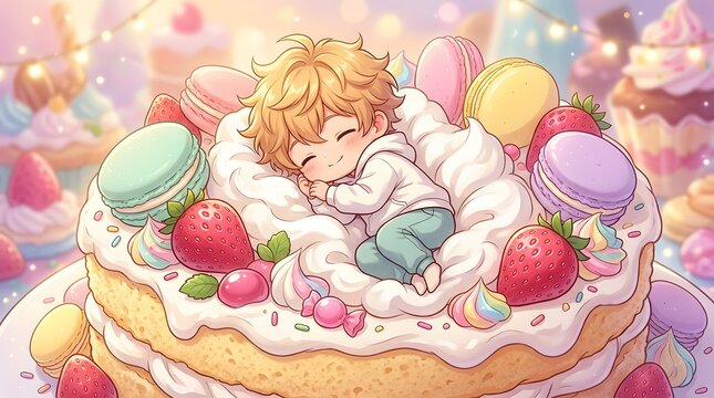 Cute chibi boy sleeping on a giant cake with strawberries and macarons