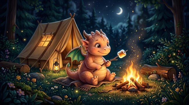 Cute baby dragon roasting marshmallow over campfire at night campsite