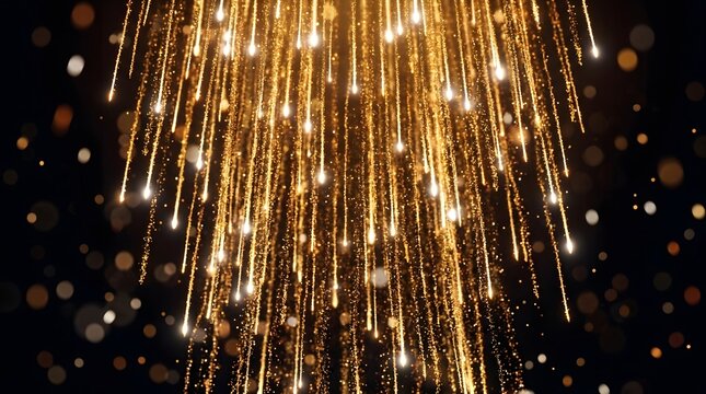 Golden glitter falling particles background with glowing light streaks