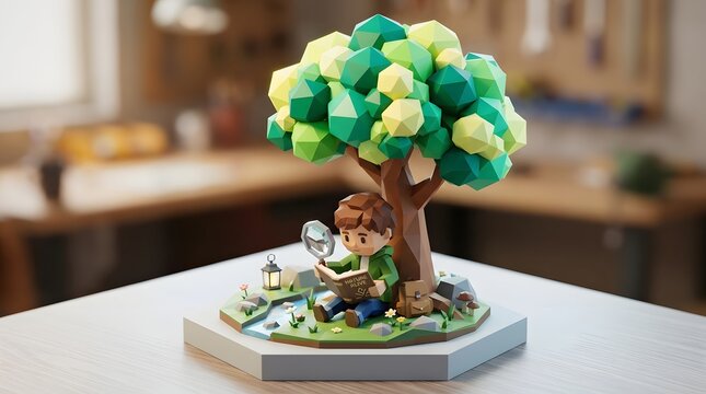 Low poly 3D boy reading a book under a tree with a magnifying glass