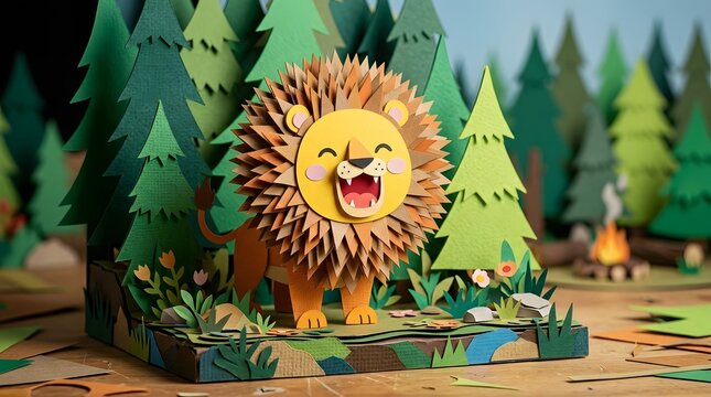 A happy paper craft lion standing in a whimsical forest diorama