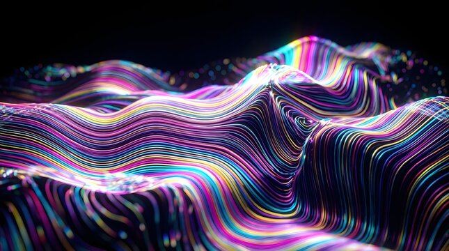 Abstract glowing neon wave lines forming a 3D digital landscape background
