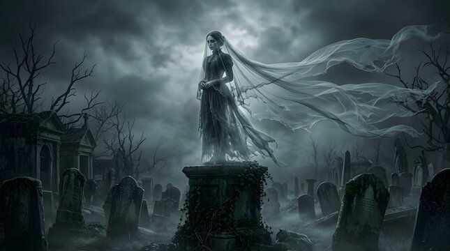 Ethereal ghost bride standing on a tombstone in a misty haunted cemetery